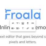 Froala logo highlighted in the header block with word editing tools underneath.