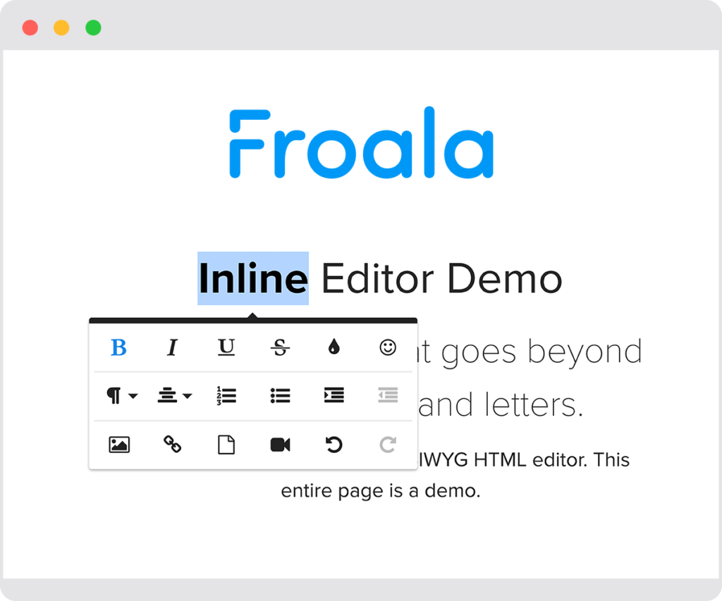 Browser with a text editor showing the Froala Inline Editor Demo page bolding the title.