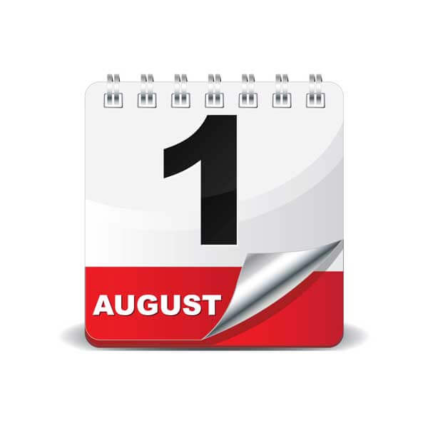 The date of August first on a calendar with the page moving into the next.