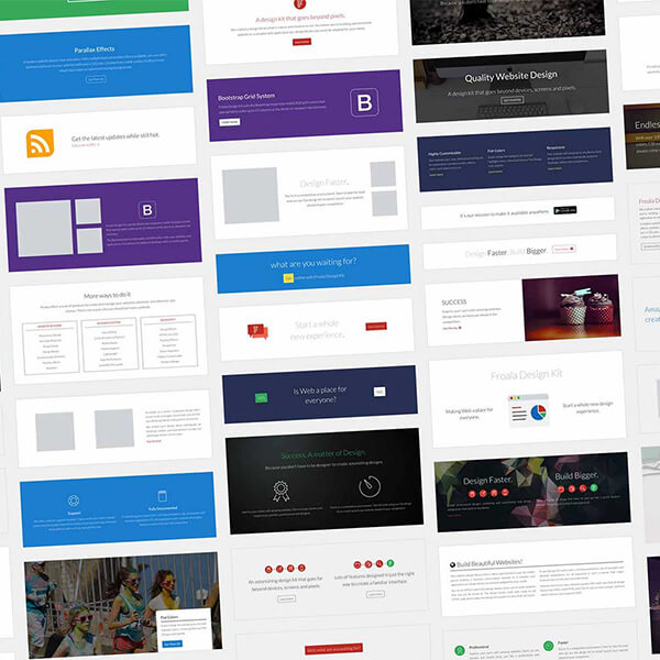 Collage of web page design elements like page headers and subscription buttons.