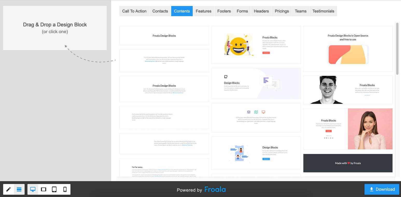 Image of 'Froala Pages' interface displaying a sleek, user-friendly web design tool.