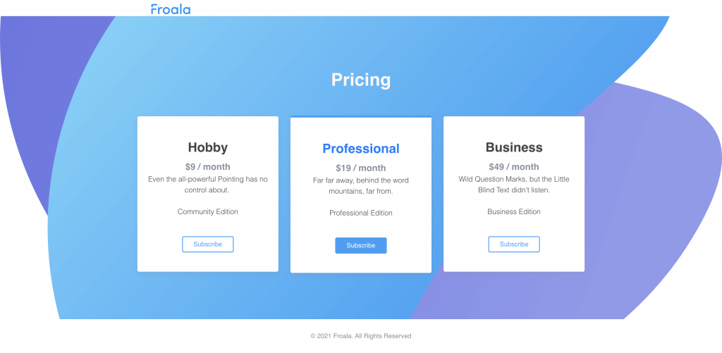 Froala Design Blocks Builder lets you create a theme-based pricing page.