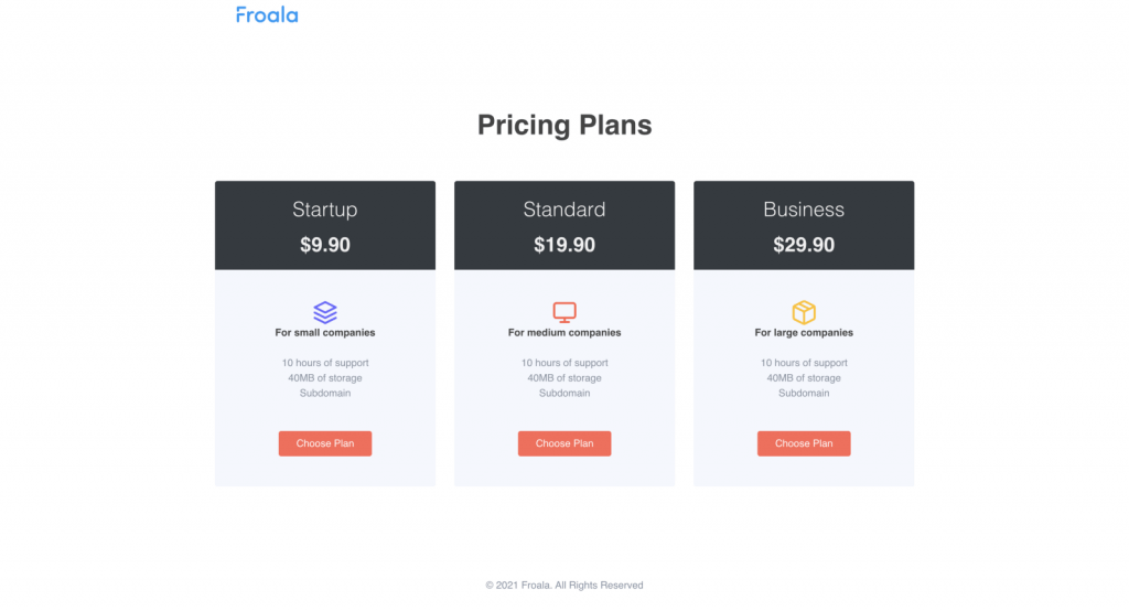 Try standard black and white pricing pages with Design blocks builder