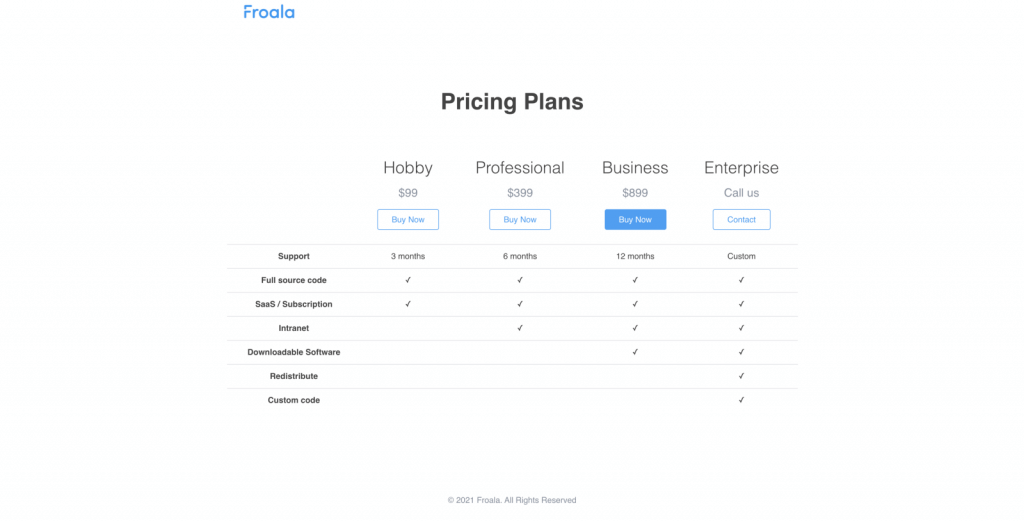 Compare pricing plans with Froala design blocks builder