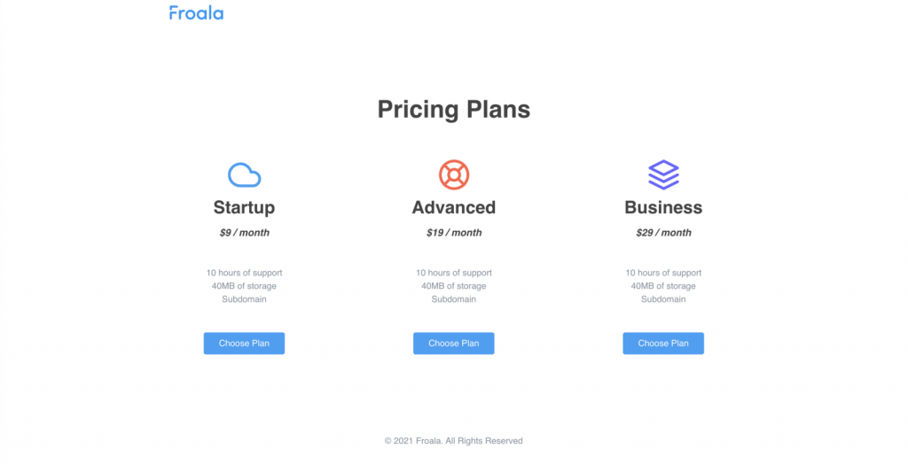 A simple pricing page made with Froala design blocks builder