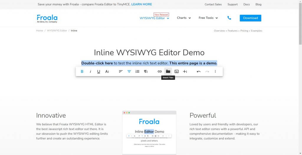 Froala Editor Demo, highlighting its rich text editing features and interface.