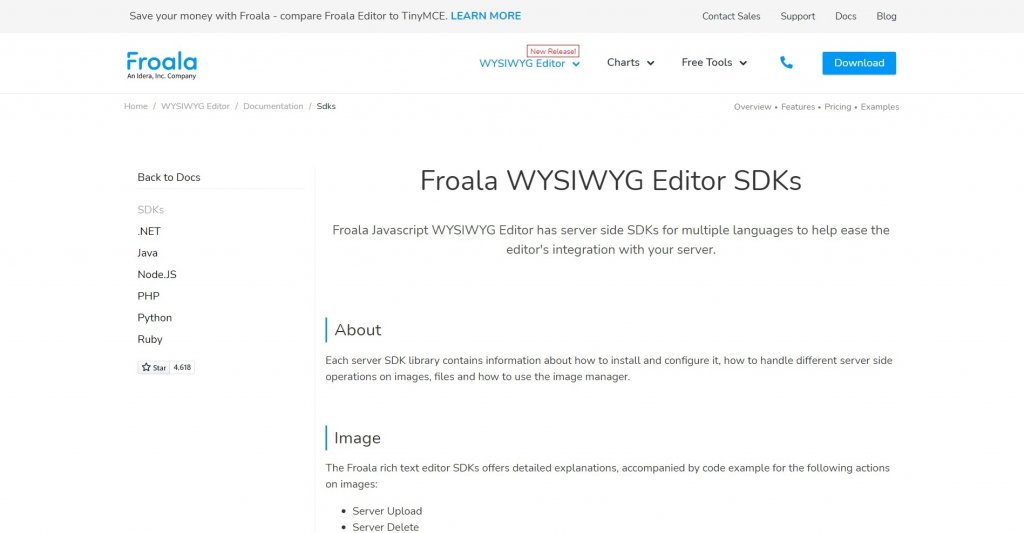 Displaying Froala SDKs, highlighting the development tools for integrating Froala Editor