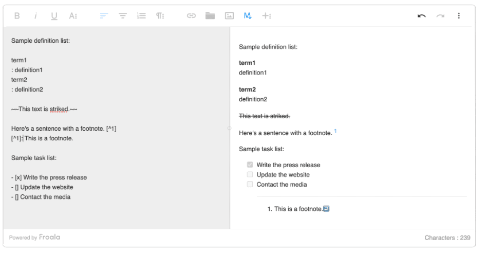 Highlighting Markdown support in Froala Editor, focusing on ease of content creation
