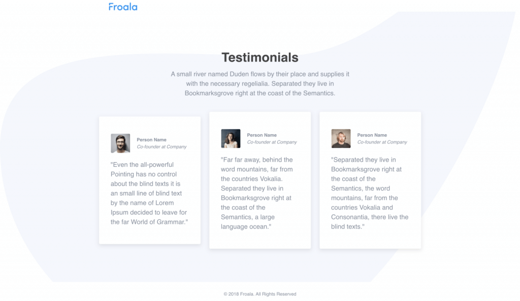 Another testimonial page variation, emphasizing user feedback in an interactive design.