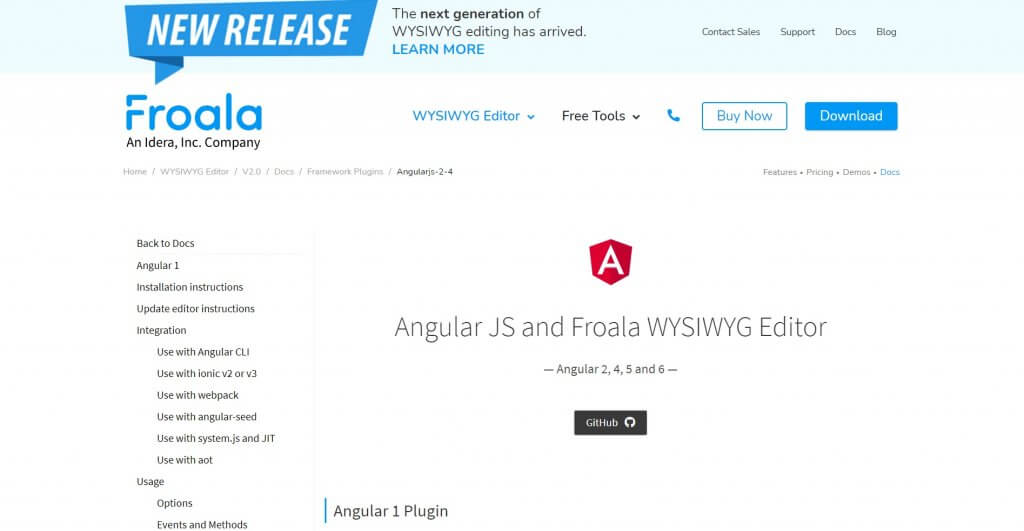 Froala's integration with Angular, emphasizing modern web development tools