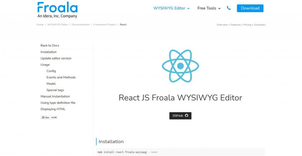 Showcasing Froala integration with React JS, highlighting modern web development techniques