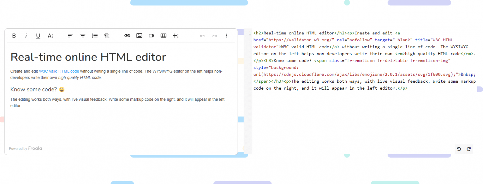 An online HTML editor interface, focusing on its layout and user-friendly features