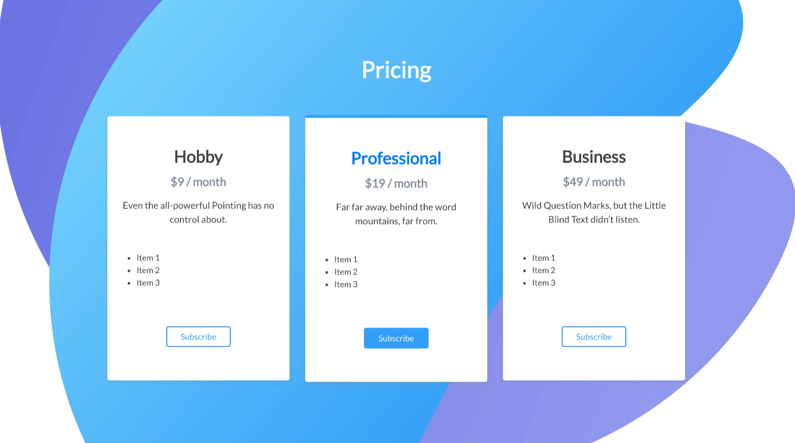 Pricing page layout featuring a simple, clean design with three plan options