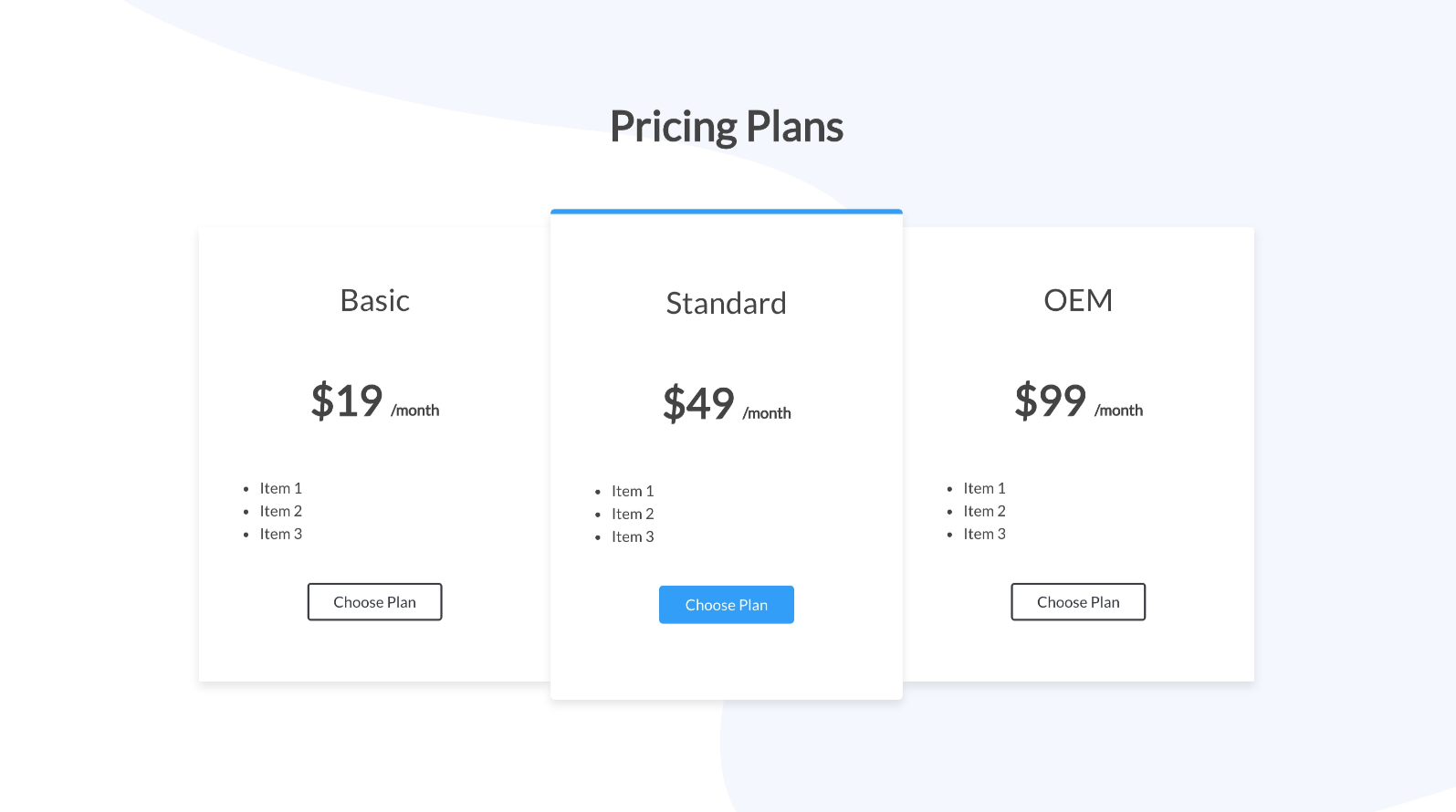 A compact pricing page layout with three plans, emphasizing a premium option