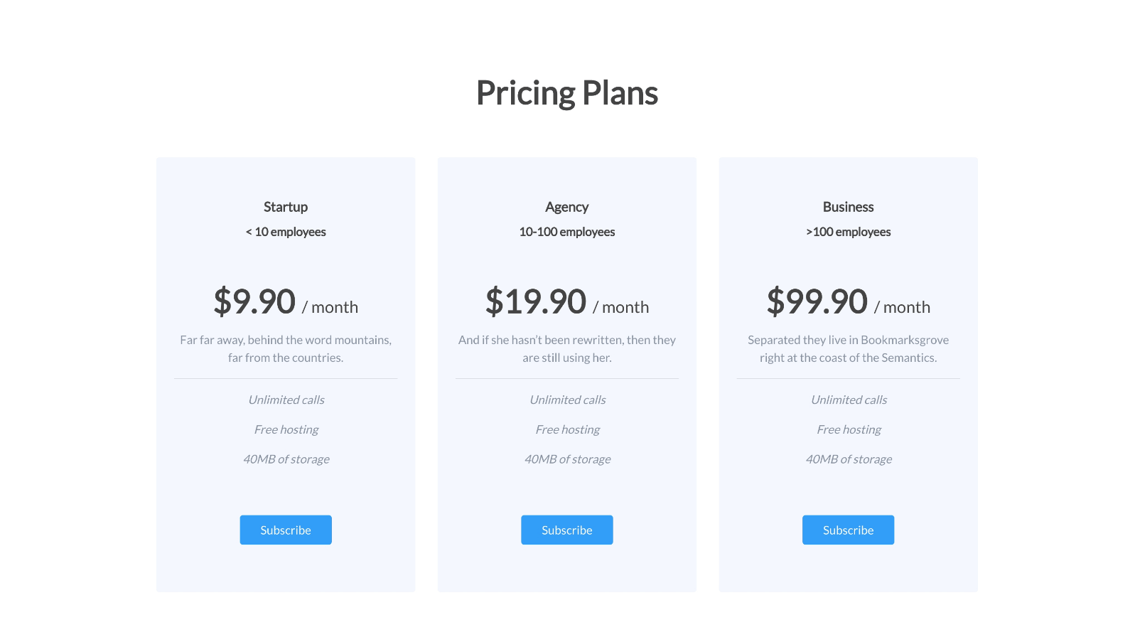 Pricing layout with three distinct plan options, highlighting features and prices
