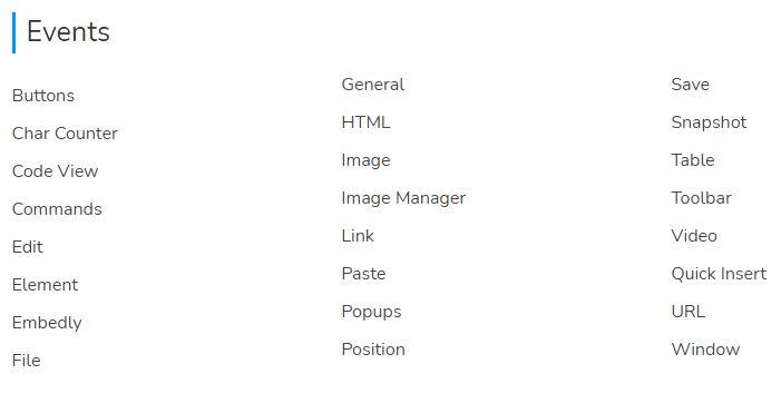 Various events and their functionalities in the Froala Editor, highlighting interactive capabilities