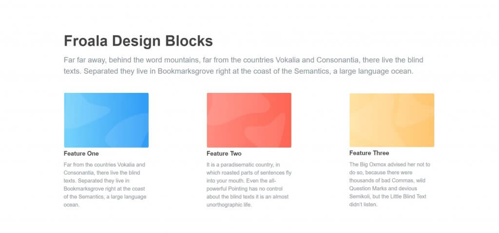 A web page section showcasing three design features with colorful background blocks.