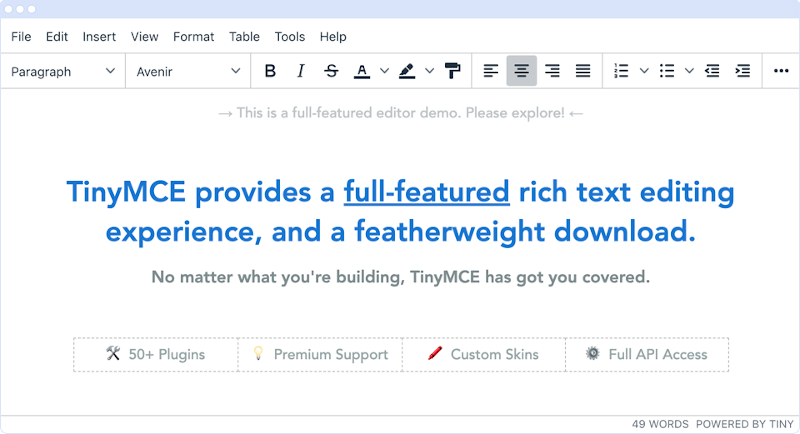 The TinyMCE editor interface, showcasing its rich text editing functionalities.