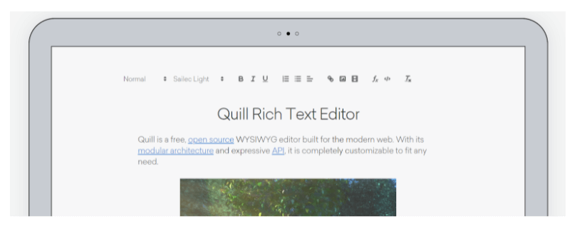 The Quill.js editor interface, emphasizing its modern and sleek design.