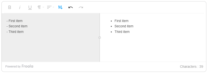 An unordered list with three items labeled 'First item', 'Second item', 'Third item'