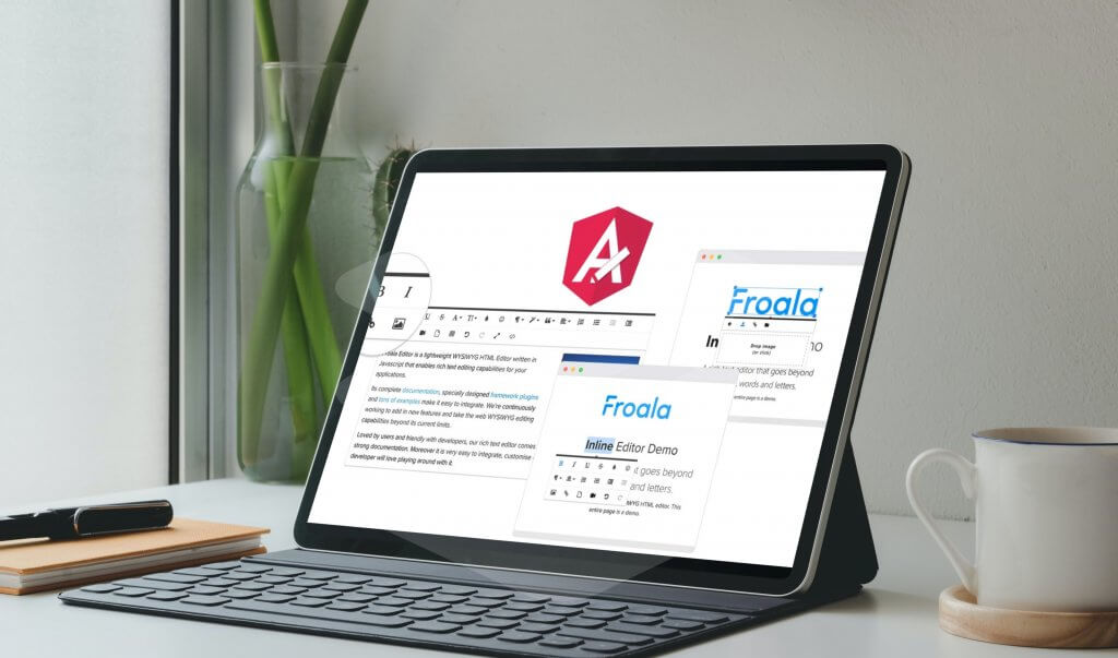 A tablet propped up displaying Froala's inline editor demo.