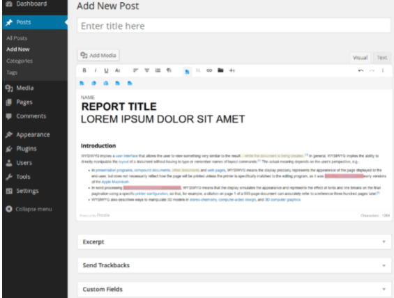 WordPress post editor with a sample text document.