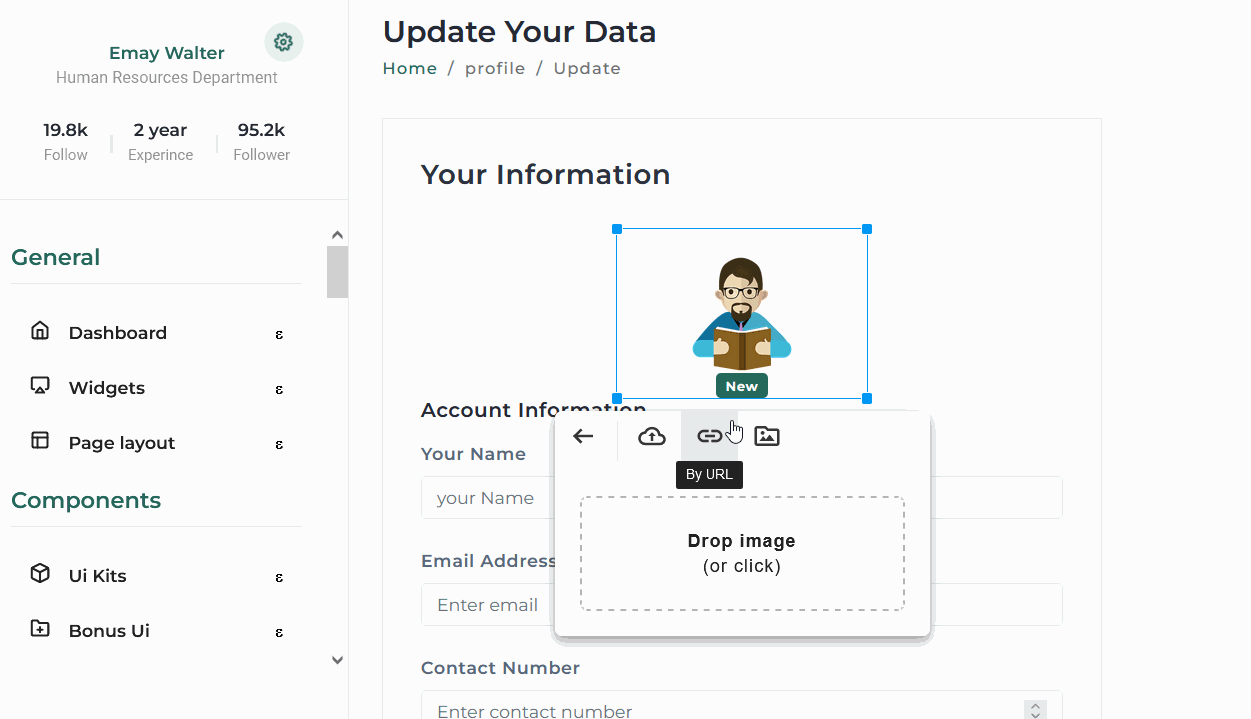 A profile update interface with a character illustration, text fields, and image upload area.