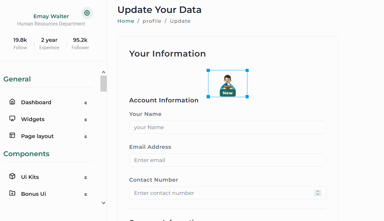 An account information section on a profile update page with a cartoon avatar and editable fields.