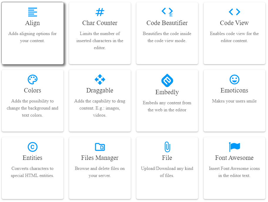 A set of feature icons from a WYSIWYG editor including align, char counter, and code beautifier.