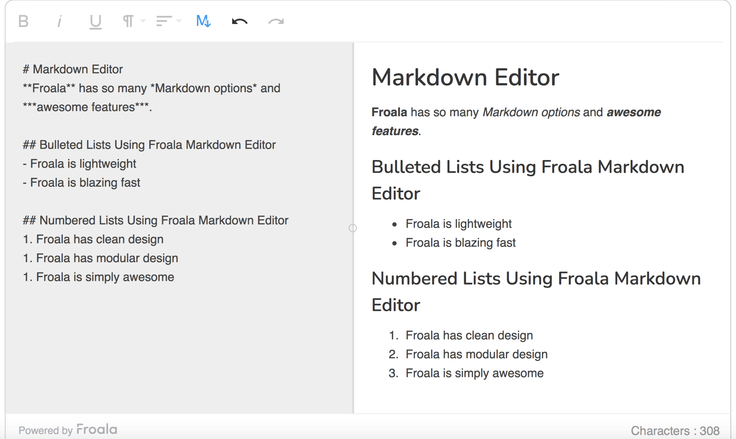 Froala Markdown editing features