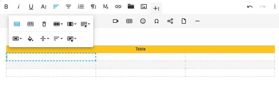 Froala JavaScript web editor's table editing options