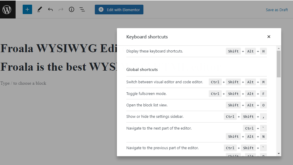Different keyboard shortcuts of WordPress content editor