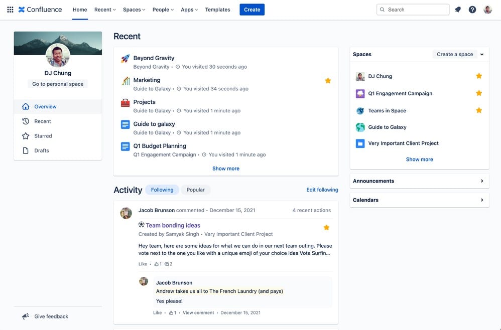 Confluence has an interface that's similar to social media apps, making collaborating among team members comfortable and familiar