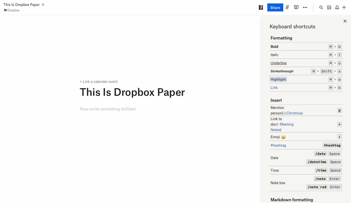 Dropbox Paper has a main editing window and a menu bar at the right side of the page