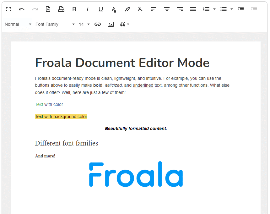 Froala's Document Editing Mode features a toolbar and editing space that resembles a modern document editor software 
