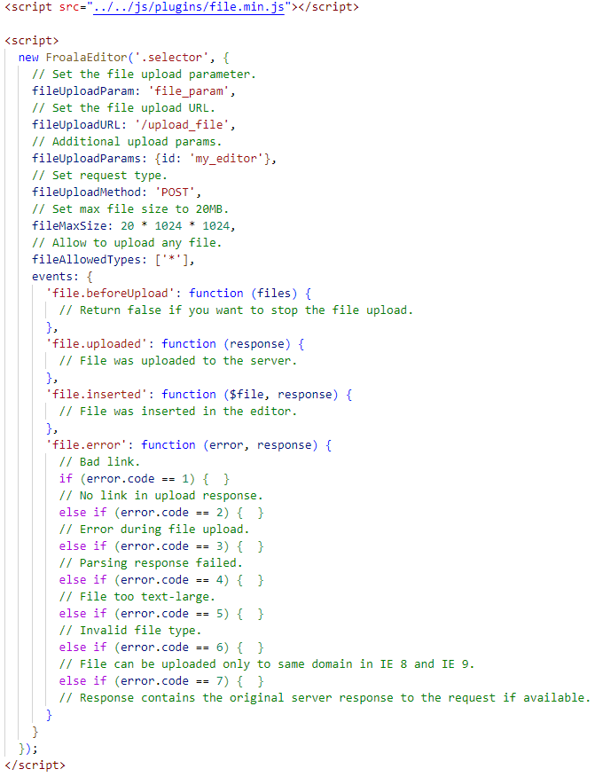 This code shows how to add file upload functionality in Froala Editor