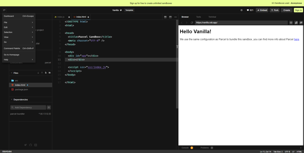 This screenshot shows the modern interface of the CodeSandbox online JavaScript editor