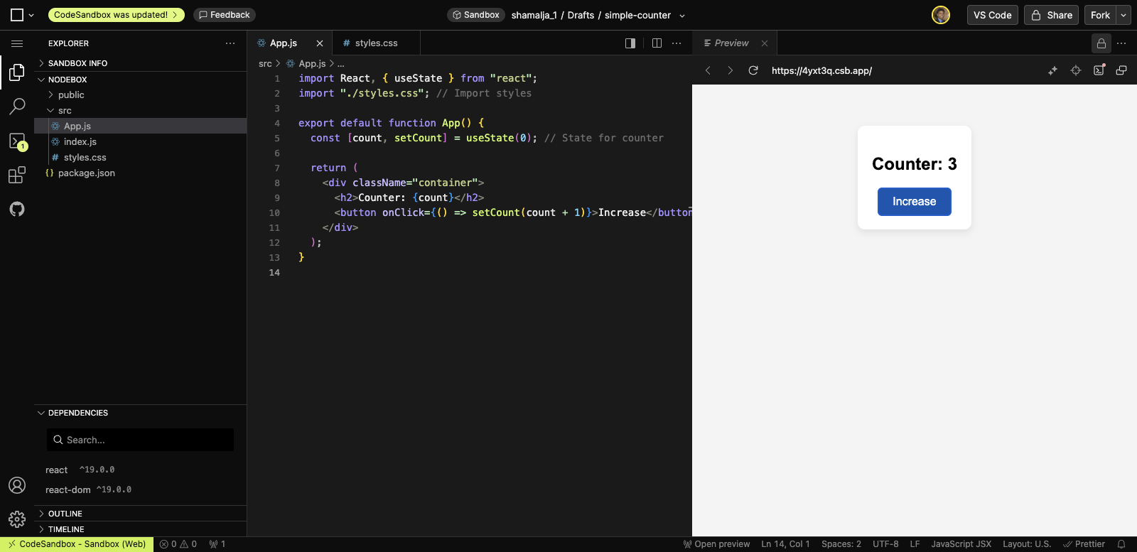 JS editor online - CodeSandbox Example