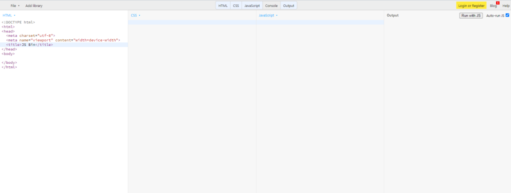 The classic, simple interface of the JS Bin online JavaScript editor