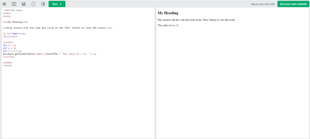 This is a screenshot of W3School's built-in online JavaScript editor for learning