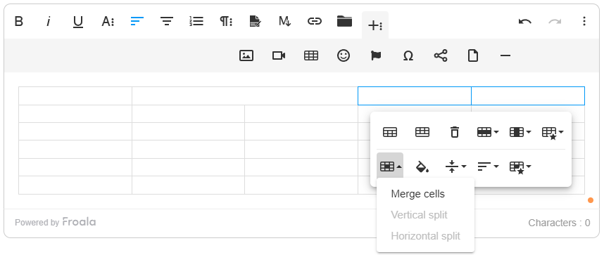 Users can merge and split cells easily using Froala by clicking on the table and selecting the "Cell" option
