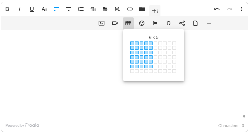 Froala allows users to define the number of rows and columns, much like standard HTML table generators