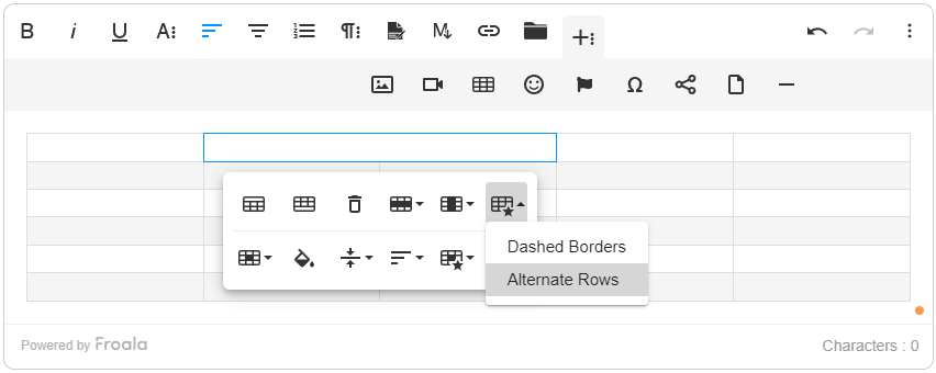 This image shows how users can style a table with Froala. The user would have to click either "Table style" or "Cell style" and then select the preferred style (in this case, it's alternating row highlights)