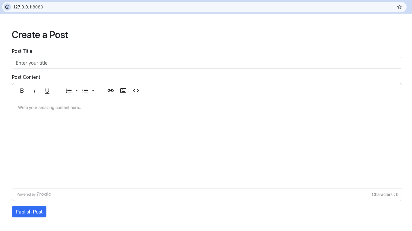Froala Bootstrap WYSIWYG Editor running in the browser after launching the HTML script