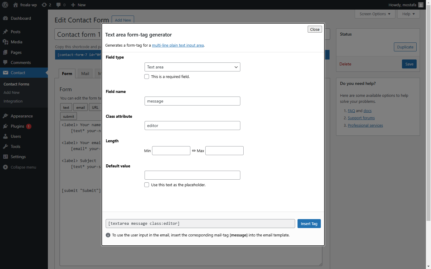 Insert text area field