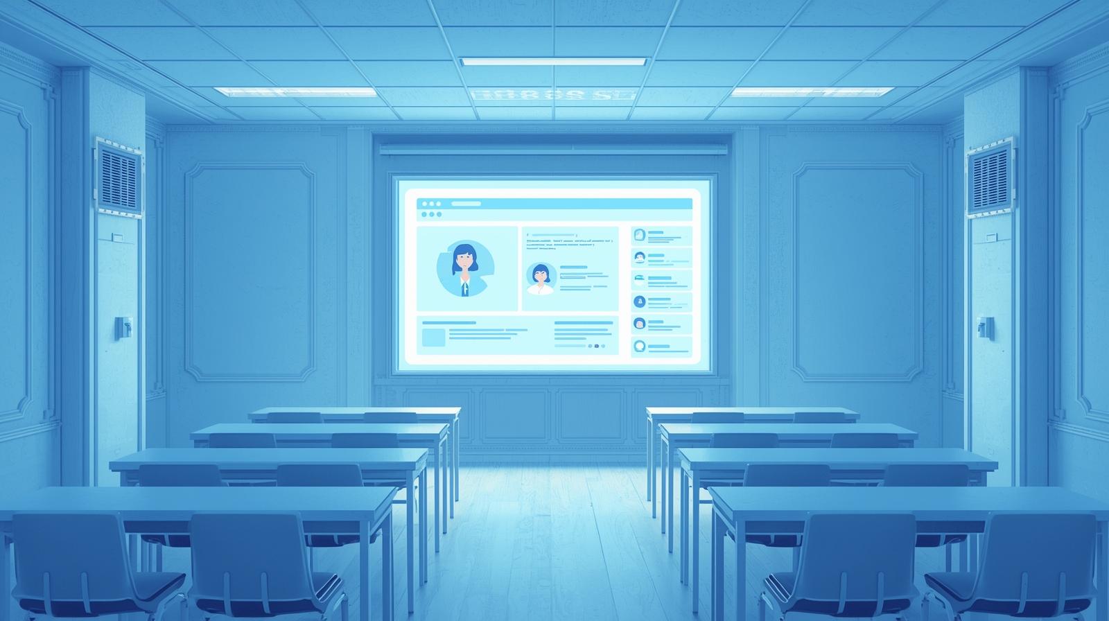 A learning management system with an HTML code writer in a futuristic, digital classroom. This represents the state of digital learning today.