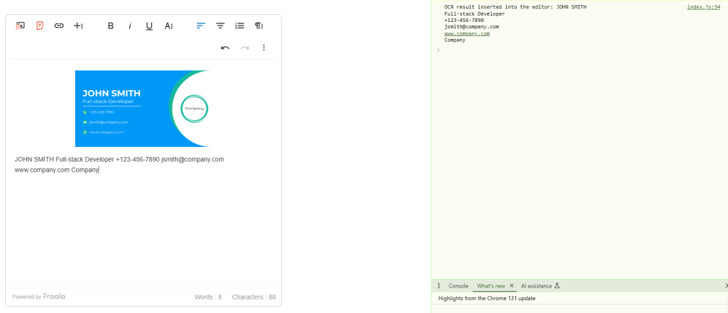 A demo of a natively integrated file management solution in an HTML editor. In the editor, an uploaded image of a business card has its text extracted using the solution's OCR capabilities.