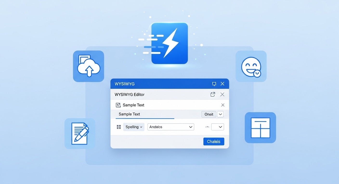 An HTML editor software at the middle. Around it are icons for emojis, tables, spell checks, and file uploads, representing some of the tricky features that you can instantly implement using the editor.