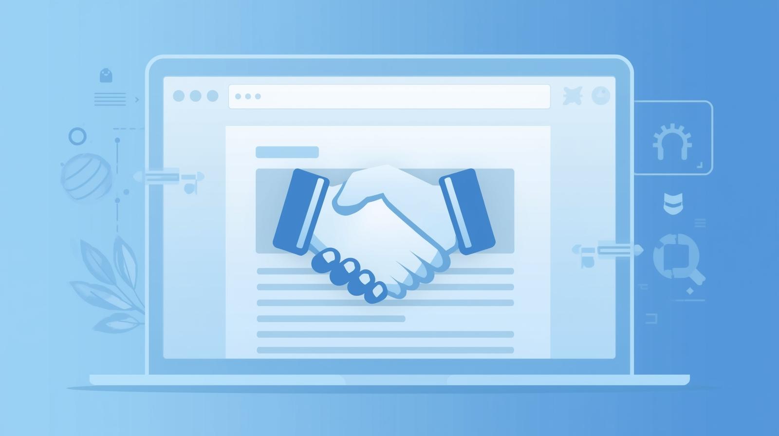 The handshake icon on top of an HTML editor software. This symbolizes how these tools can be allies for content creators.