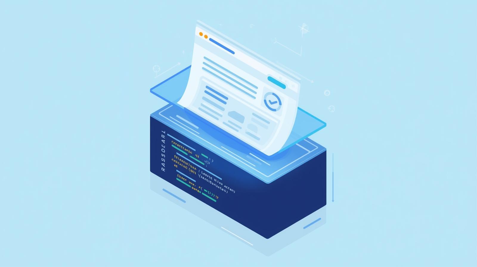 A 2D image that shows HTML code that's being converted into WYSIWYG content, similar to a printer, representing the "HTML to WYSIWYG" conversion for legacy content.